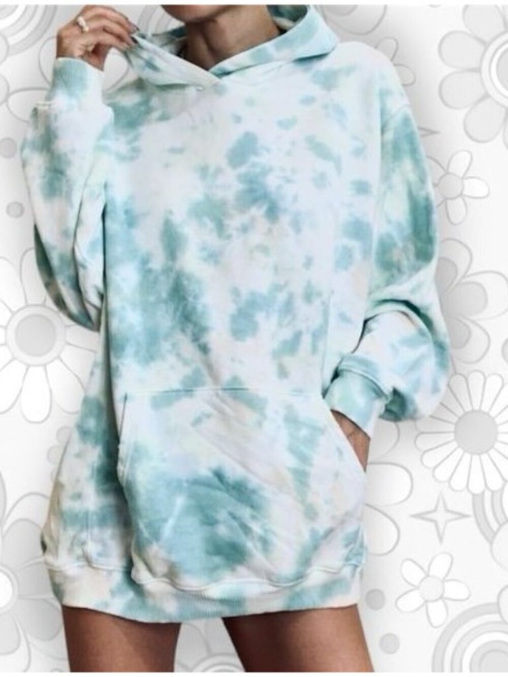 Aerie Oversized Distressed Tie Dye Hoodie - XL Teal/White/Cream